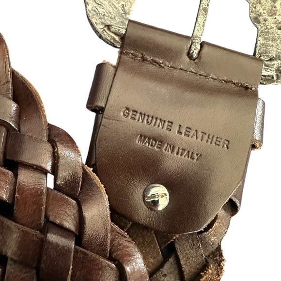 Made In Italy Brown Woven Leather Wide Belt, Silver Distressed Buckle, XL main image 6